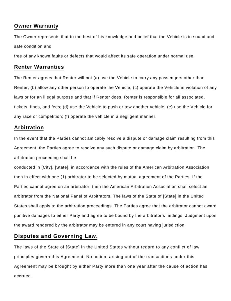 Printable Car Rental Agreement, Vehicle Rental Agreement Editable in ...