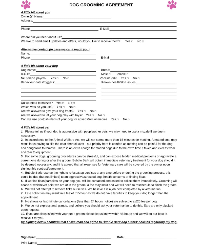 Printable Dog Grooming Contract Template, Editable Dog Grooming ...