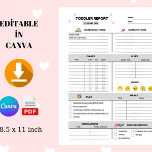 Printable Daily Toddler Report: Nanny Babysitter Schedule (Editable Canva Template PDF)