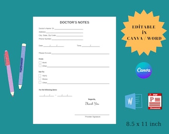 Doctor&#39;s Excuse Template, Editable in canva Medical Office Forms Work Excuse