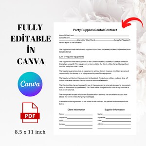 Druckbarer Party-Versorgungsmaterial-Mietvertrag: Bearbeitbare Canva-Vorlage (Digitaler Download)