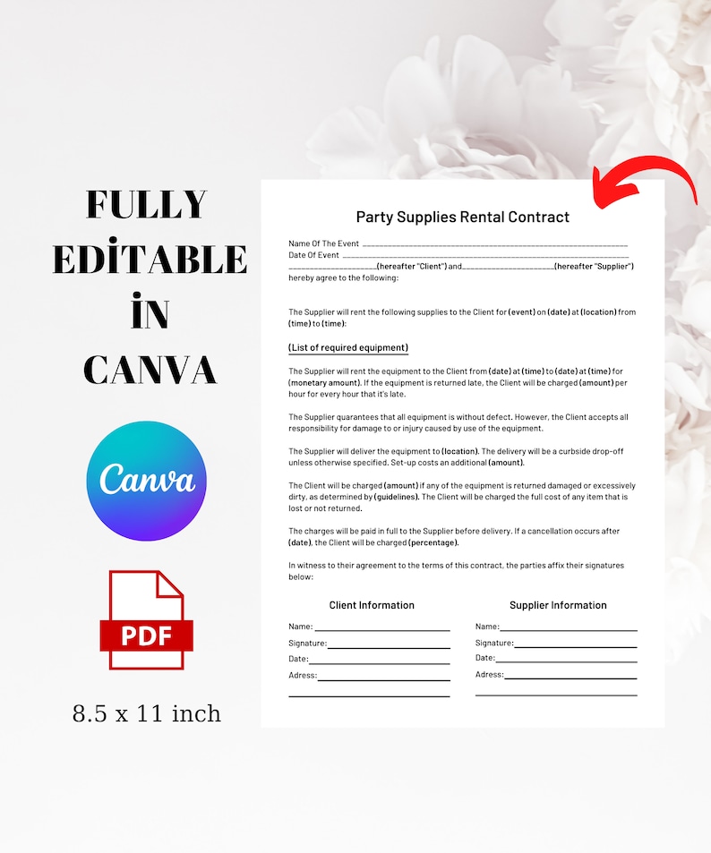 Printable Party Supply Rental Contract: Editable Canva Template ...