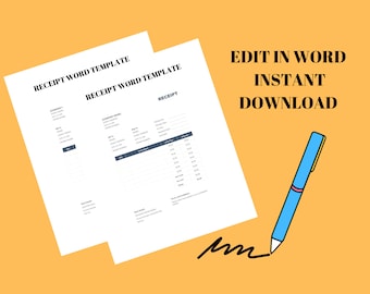 May include: Two printable receipt templates in a Word document format. The text "RECEIPT WORD TEMPLATE" is visible at the top of the document. The text "EDIT IN WORD INSTANT DOWNLOAD" is visible in the upper right corner of the image. A blue pen is drawn on the image, with a black signature line below it.