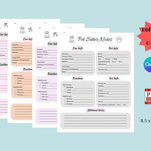 Puede incluir: Plantilla de notas para cuidadores de mascotas imprimible en Canva. La plantilla incluye secciones para información de la mascota, información del dueño, rutina, información del veterinario y notas adicionales. La plantilla mide 8,5 x 11 pulgadas.