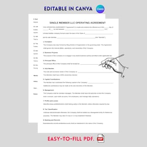 May include: A Single Member LLC Operating Agreement template, editable in Canva, with fillable fields. The document includes sections for formation, business purpose, principal office, sole member, and capital contributions. The text "EASY-TO-FILL PDF" is at the bottom.