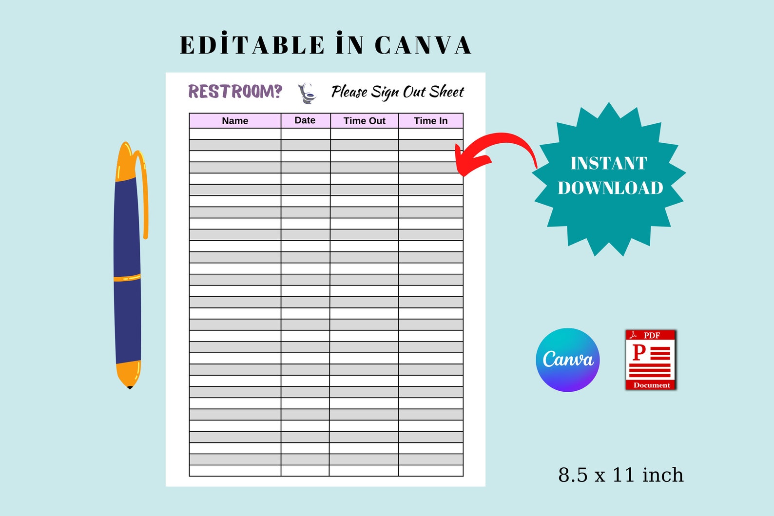 Restroom Sign Out Sheet Printable Classroom Organization Etsy