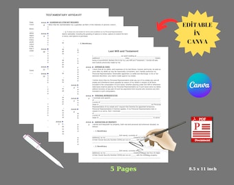 May include: A five-page printable Last Will and Testament legal document template. The document is editable in Canva and can be saved as a PDF. The document includes sections for personal representatives, disposition of property, and beneficiaries.