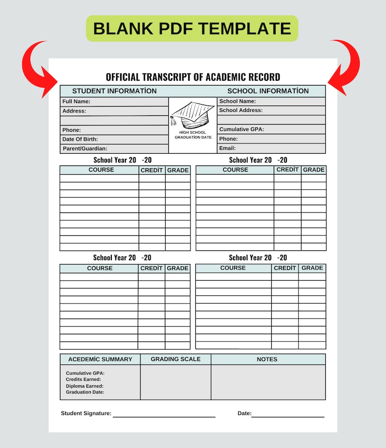 Printable Transcript Template, Homeschool Transcript, Official High Printable Transcript Template, Homeschool Transcript, Official High