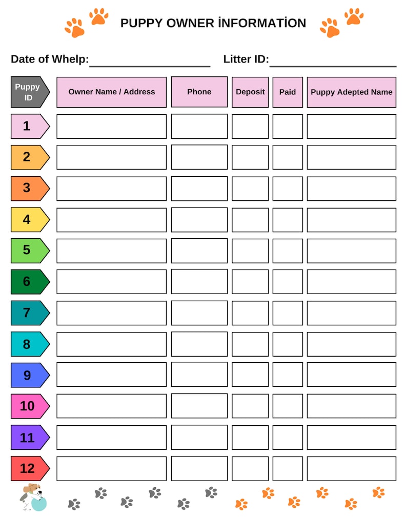 Printable Puppy Whelping Charts for Record Keeping Great for Breeders ...