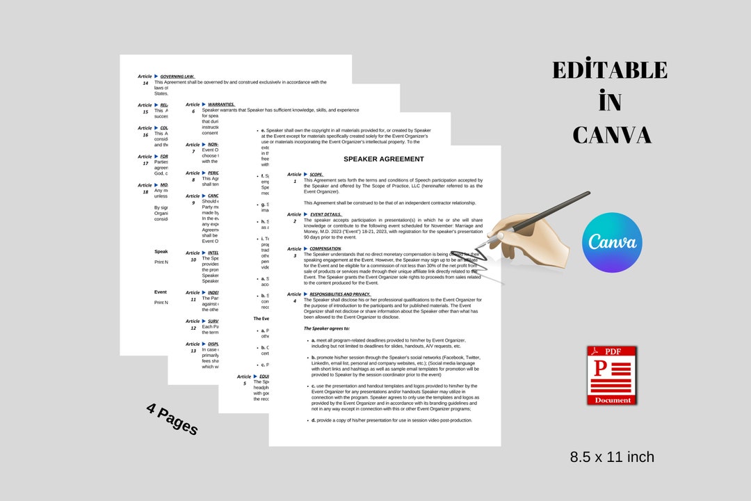 Printable Speaker Agreement Template Editable in Canva (digital