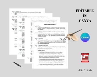 Plantilla imprimible de acuerdo de orador: editable en Canva (descarga digital)