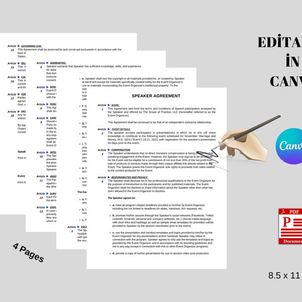 Printable Speaker Agreement, Editable in canva Public Speaker, Motivational Speaker Agreement Template, digital download