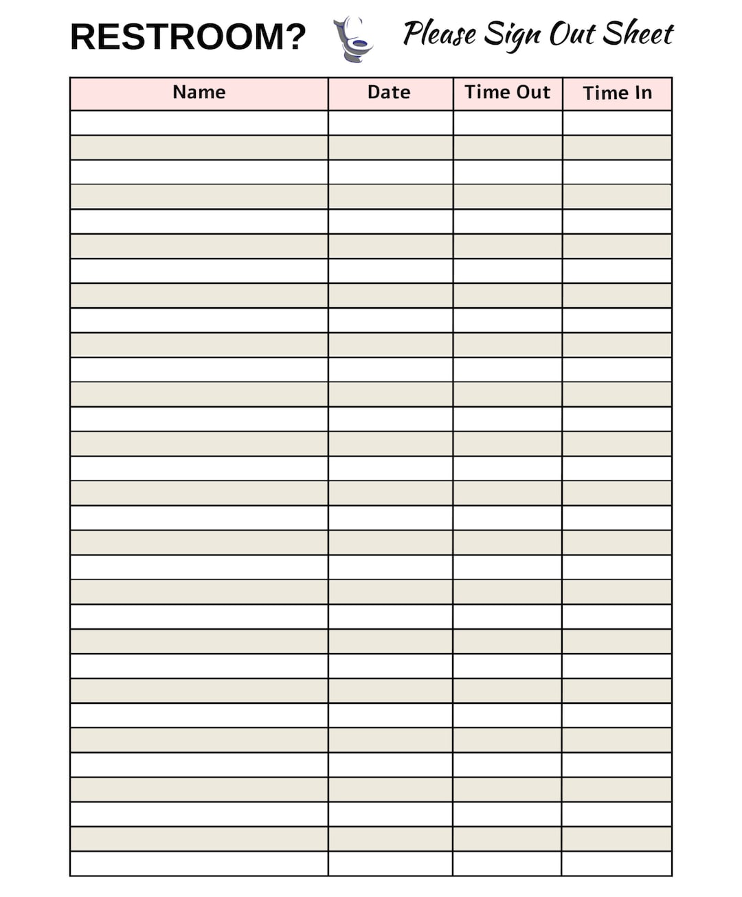 Restroom Sign Out Sheet Printable, Classroom Organization Template Etsy