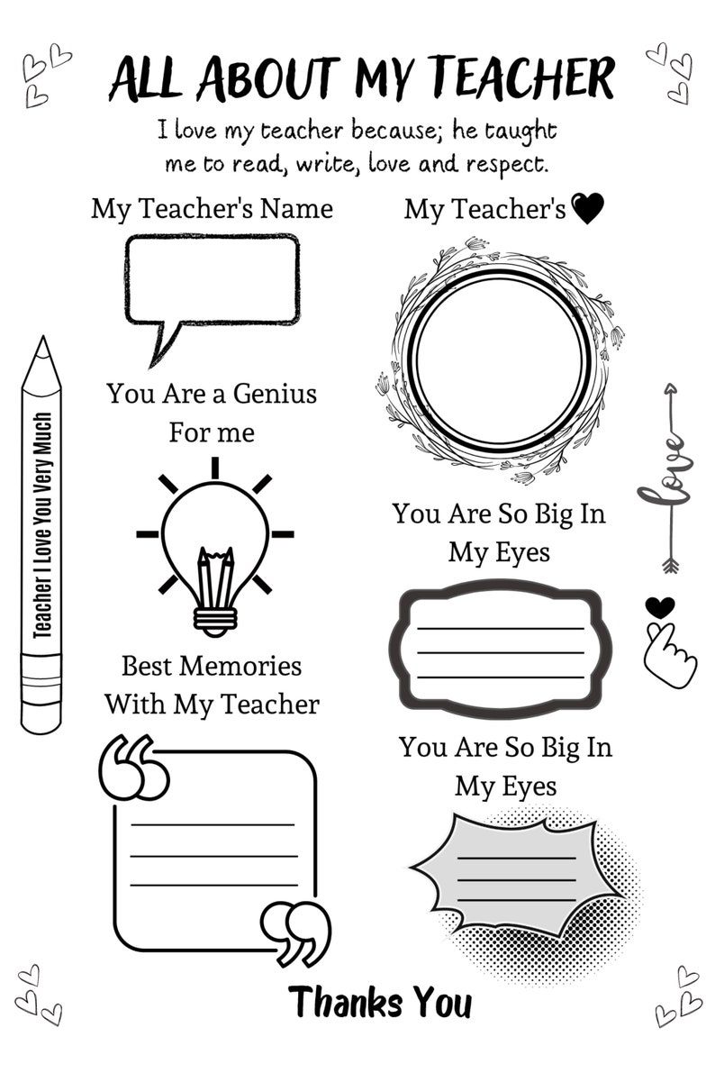 Printable Card for Teacher All About My Teacher Coloring Page Etsy