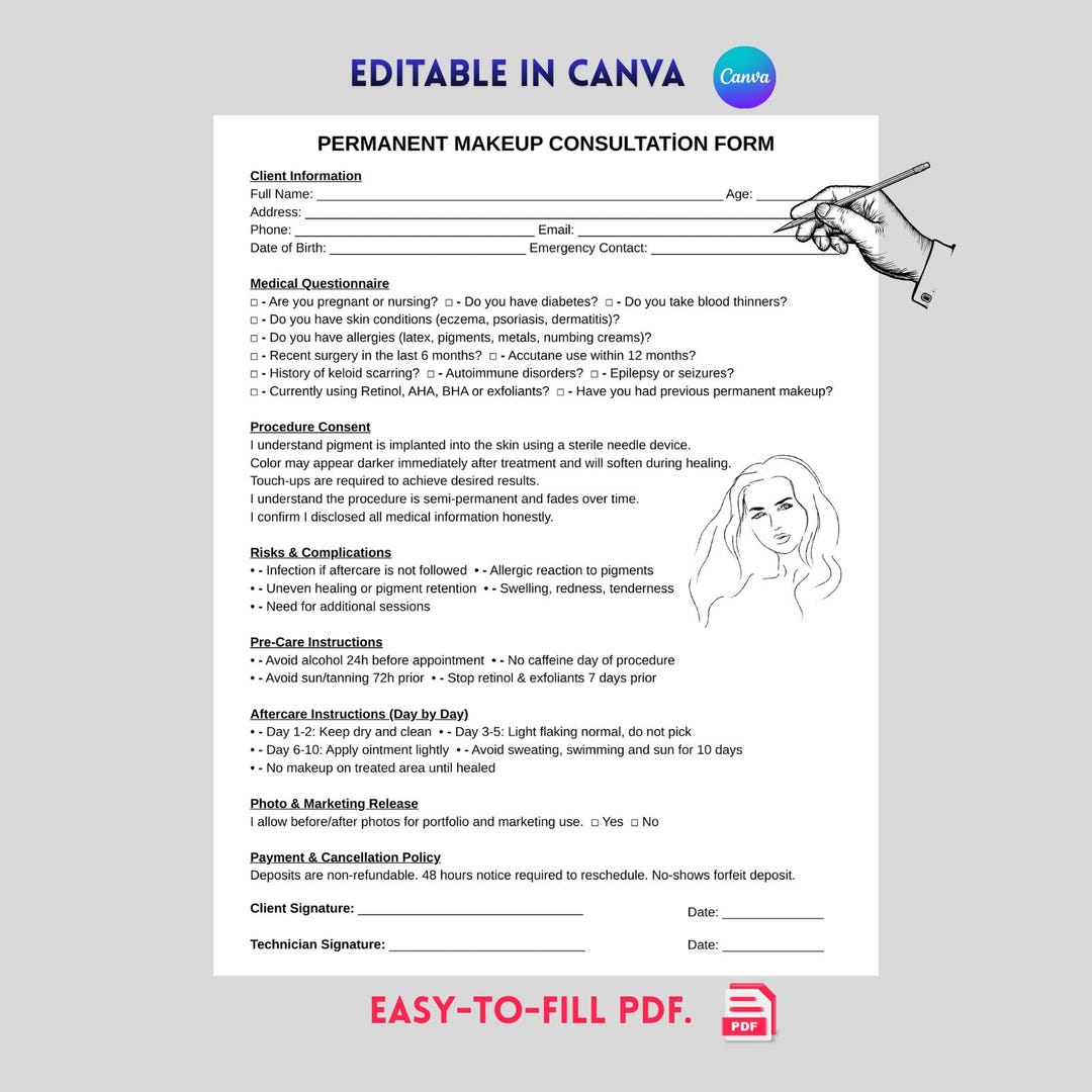 Permanent Makeup Consultation Form Editable Canva Template PMU Client ...