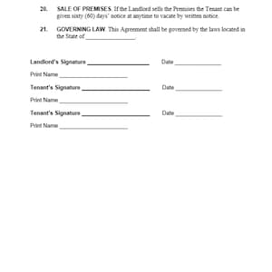 May include: A legal document with the title "COMMON AREAS", "SALE OF PREMISES", and "GOVERNING LAW". The document includes sections for Landlord's Signature, Tenant's Signature, and Print Name.