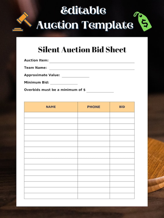 Silent Auction Bid Page Editable Auction Bid Form - Etsy