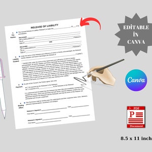 Release of Liability Form: Editable Canva Template (PDF Digital Download)