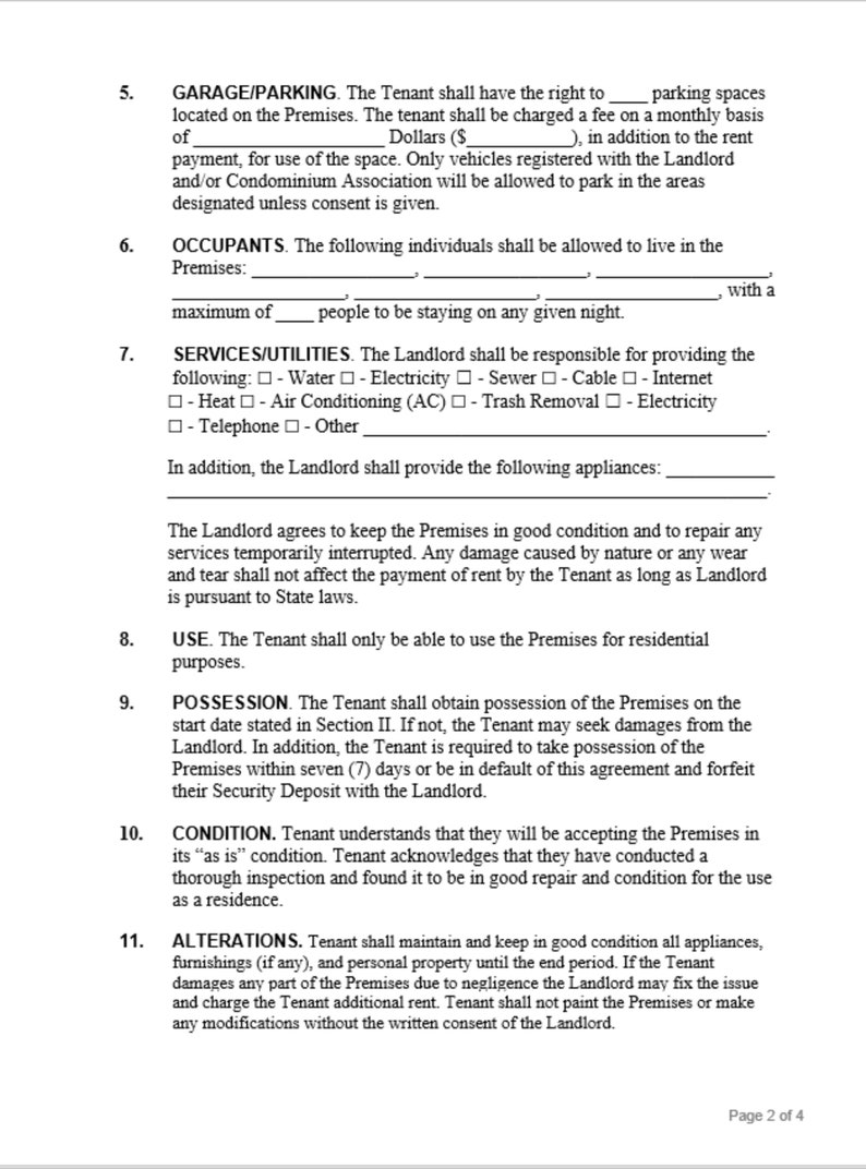 May include: A legal document outlining the terms of a lease agreement between a landlord and tenant. The document covers topics such as parking, occupants, services, utilities, possession, condition, and alterations.