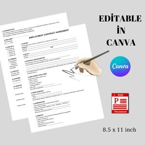May include: Two white employment contract agreement forms with text and fillable fields. The words "EDITABLE IN CANVA" are displayed, along with a Canva logo and a PDF document icon. The forms are 8.5 x 11 inches.