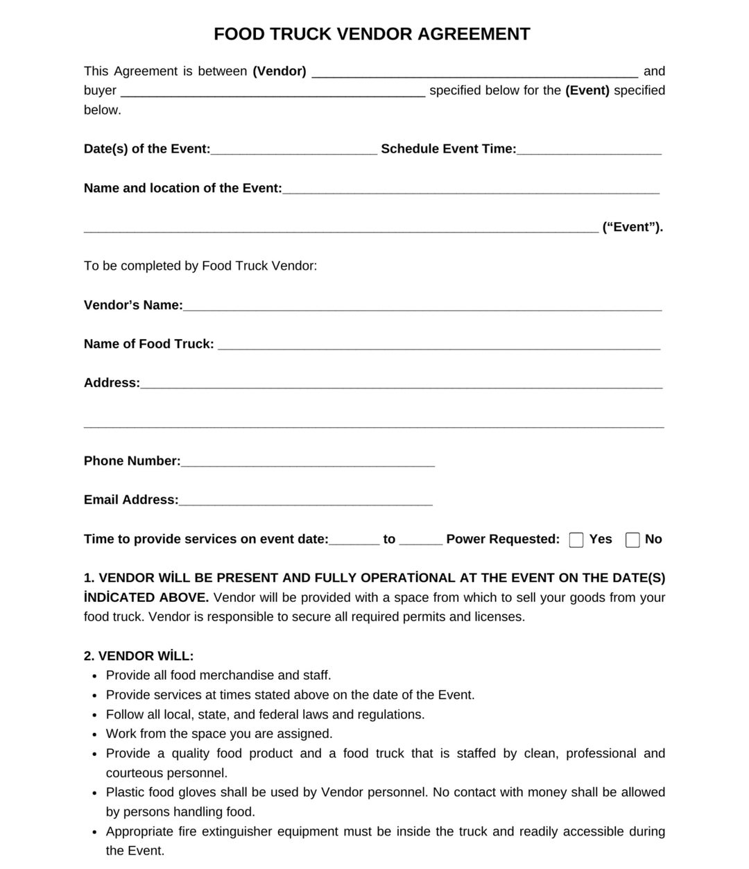 Printable Food Truck Vendor Agreement, Food Vendor Contract Digital Printable Food Truck Vendor Agreement, Food Vendor Contract Digital