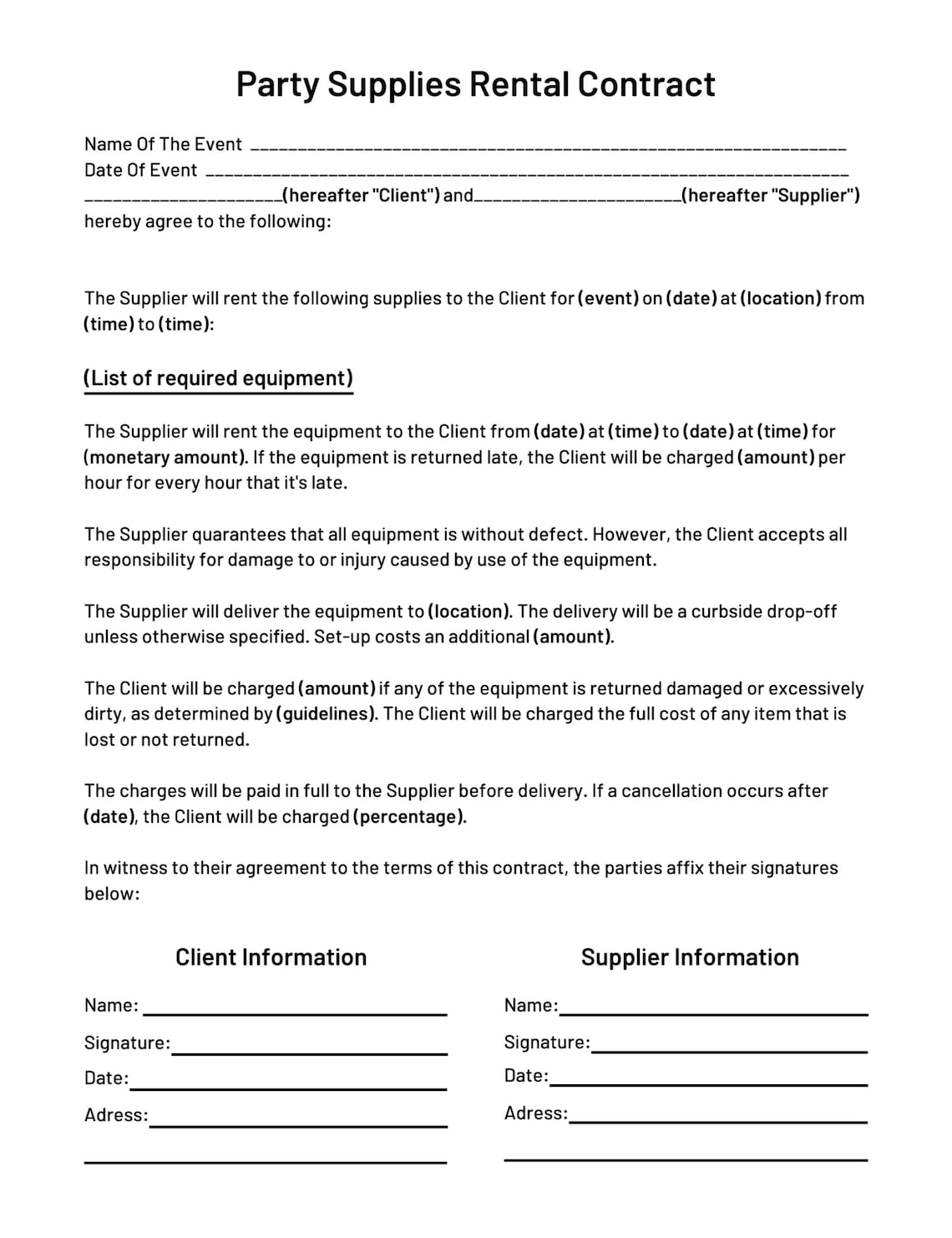 Printable Party Supply Rental Contract, Editable in Canva Party Supply