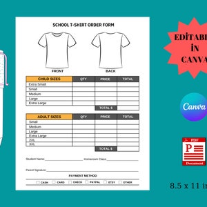 School T-Shirt Order Form Template: Editable Canva PDF (Digital Download)