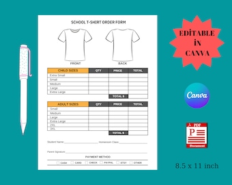 School T-Shirt Order Form Template: Editable Canva PDF (Digital Download)