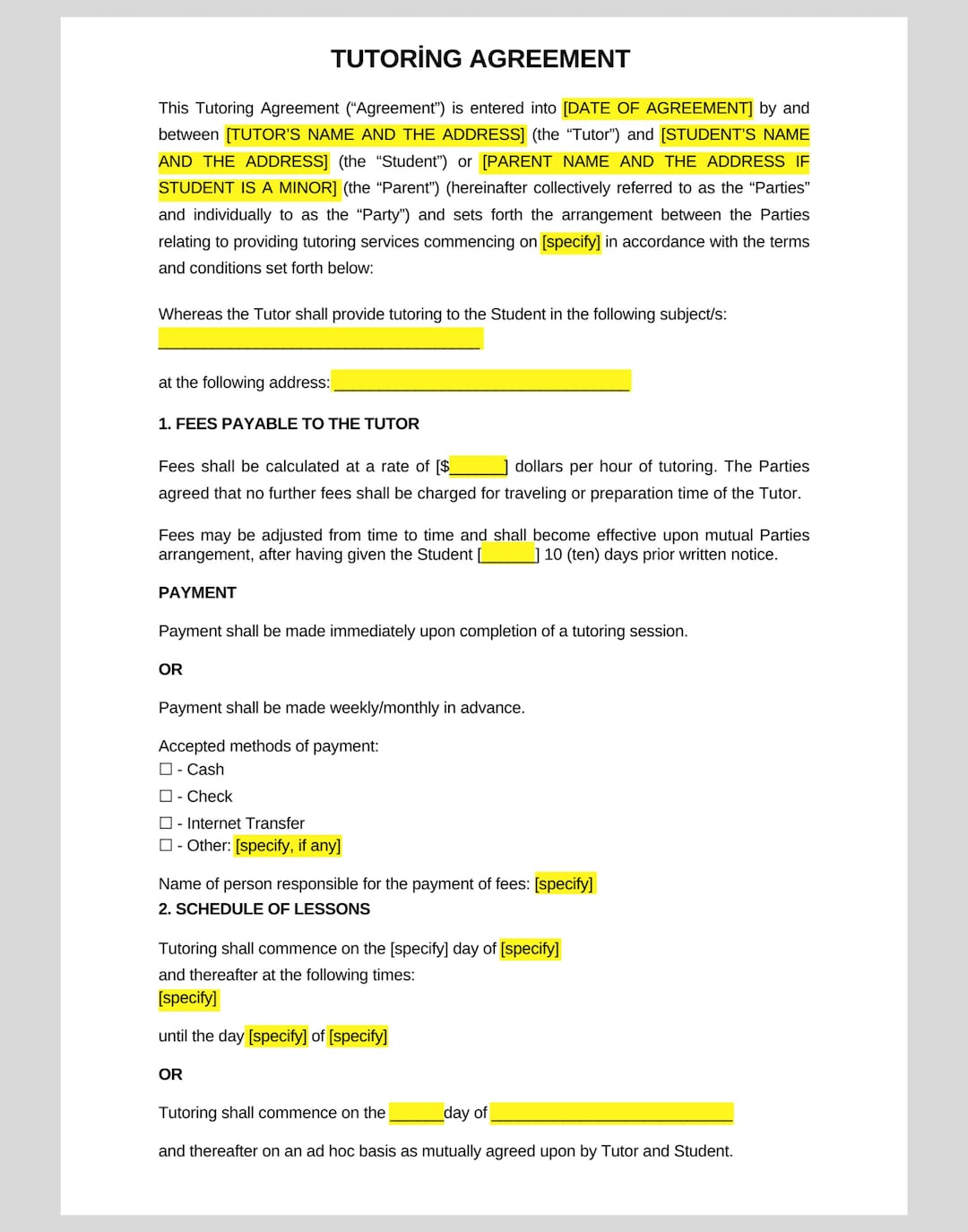 Private Tutoring Agreement Template Private Tutoring Agreement Template