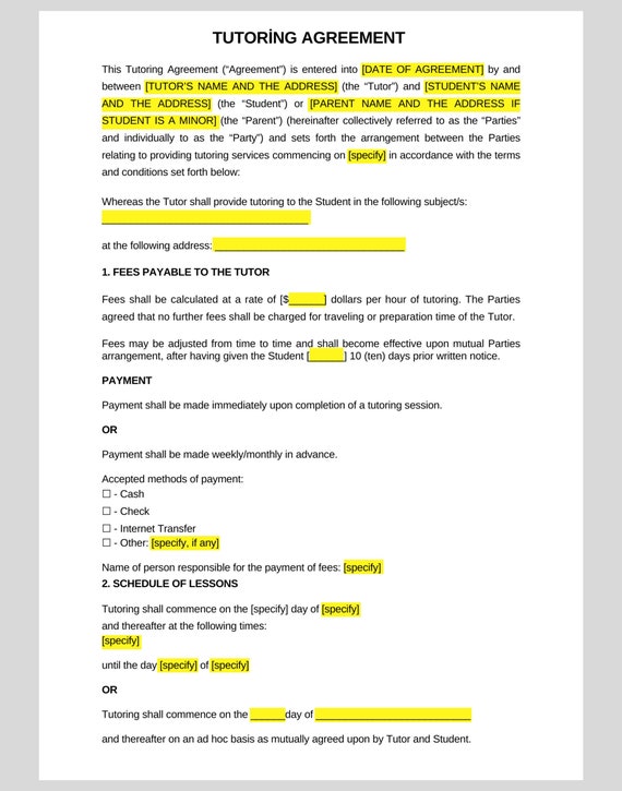 Tutor Contract Printable Private Tutoring Contract Template - Etsy