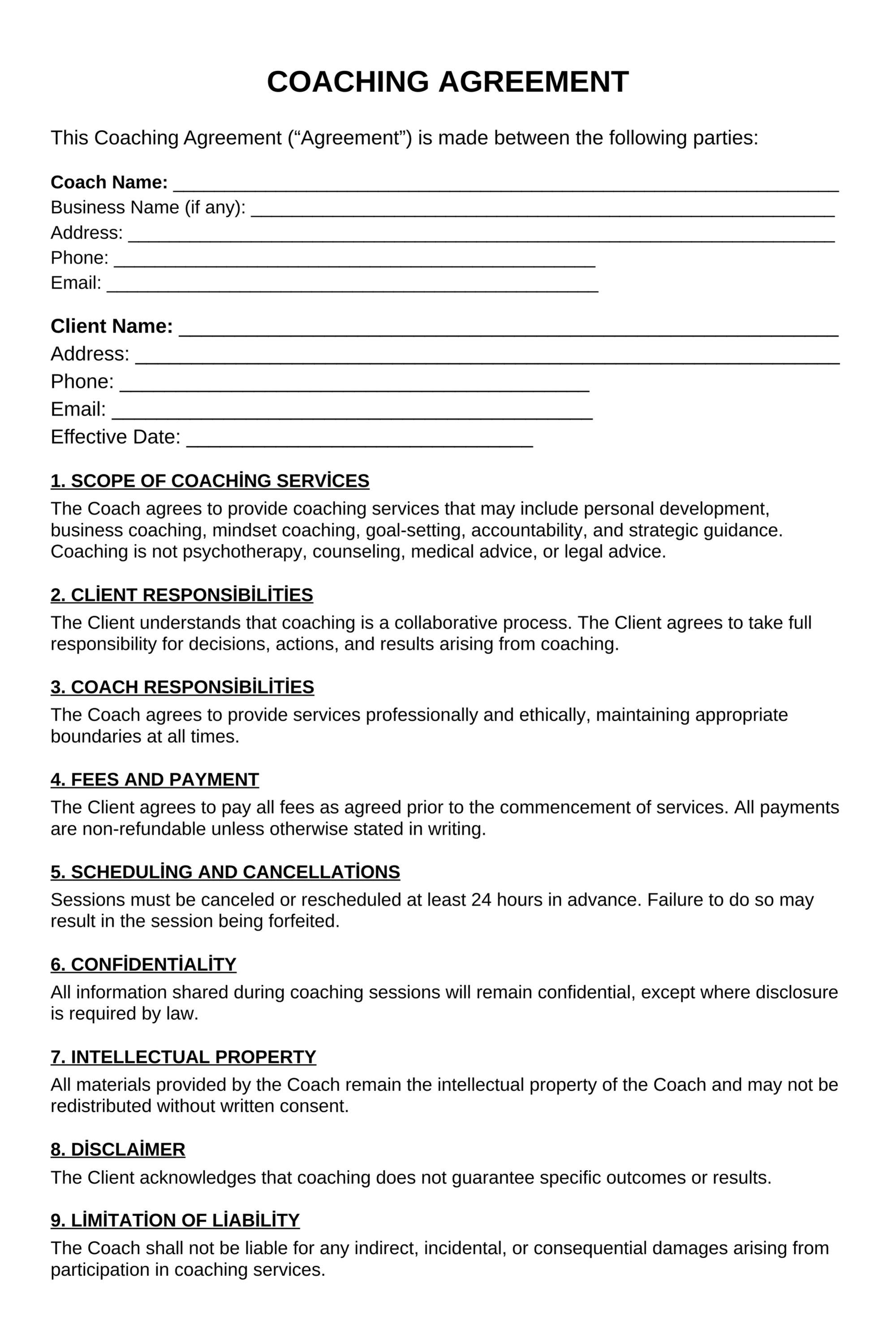 Printable Coaching Agreement, Life Coach and Mentoring Services New ...