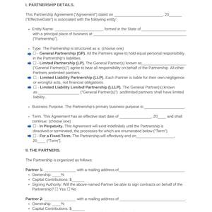 Printable Partnership Agreement Template, PDF digital download