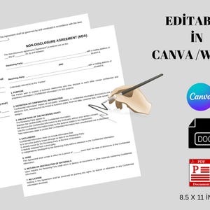 May include: A Non-Disclosure Agreement (NDA) document with a hand signing it. The image includes the text "EDITABLE IN CANVA/WORD" and icons for Canva, DOC, and PDF formats. The document size is 8.5 x 11 inches.