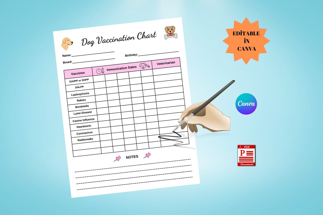 Dog Vaccination Chart Printable Dog Vaccine Immunization - Etsy