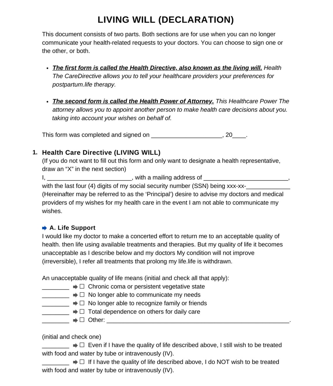 Printable Living Will Form Editable Health Directive (digital Download