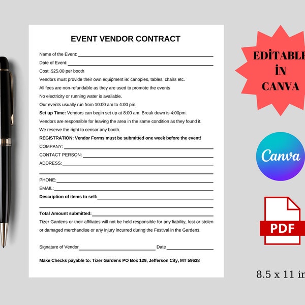 Printable Event Vendor Contract, Editable Event Vendor Agreement, PDF digital download