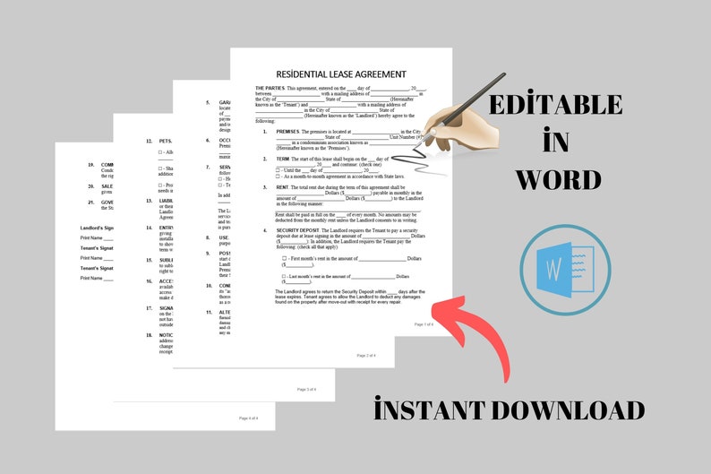 May include: Editable Residential Lease Agreement template in a Word document. The document is a legal form for renting a property. The document is available for instant download.