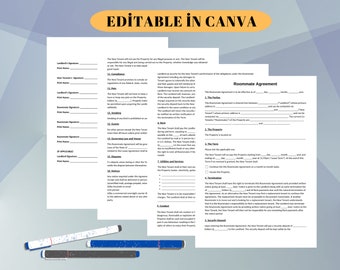 May include: A black and white roommate agreement legal document with the title "Roommate Agreement" at the top. The document includes sections for the parties, the property, the term, termination, security deposit, and more.