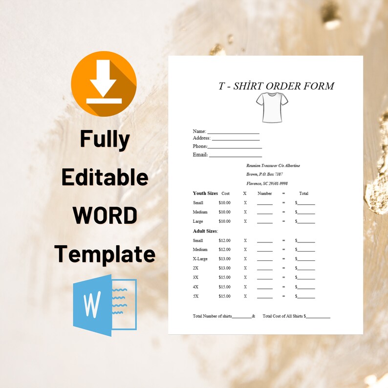 T Shirt Order Form WORD Template, Editable and Printable Tshirt