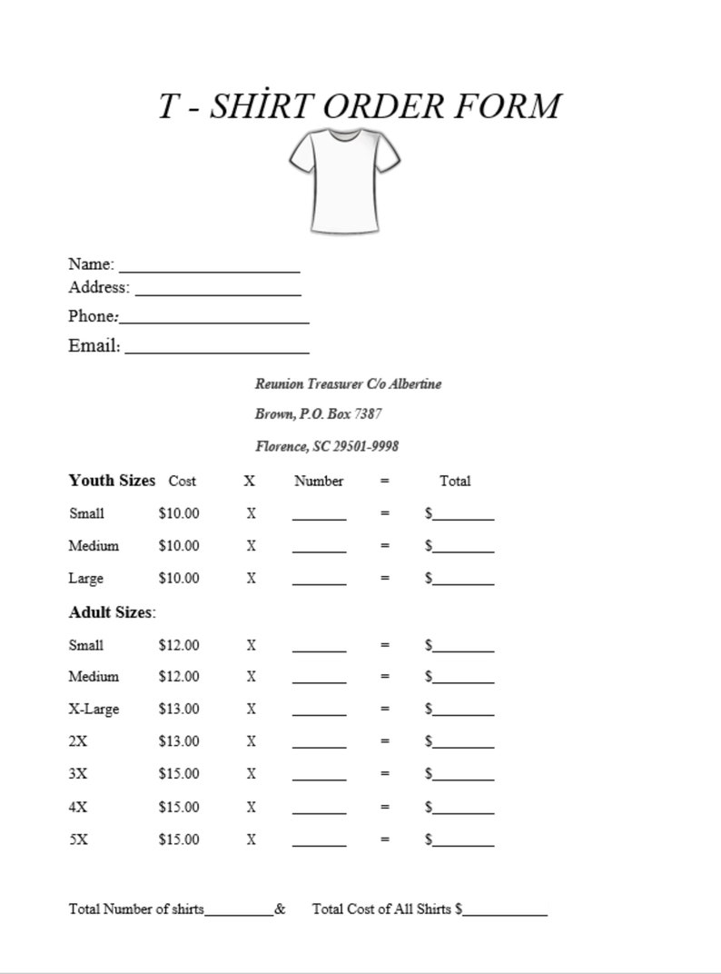 T Shirt Order Form WORD Template, Editable and Printable Tshirt