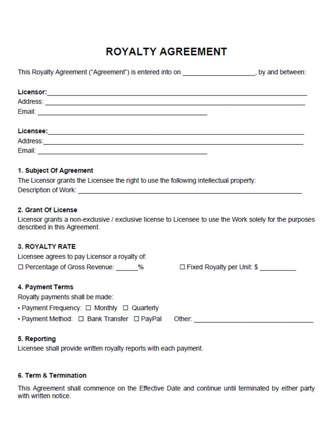 Editable Royalty Agreement Template, Printable Licensing Contract, Word ...