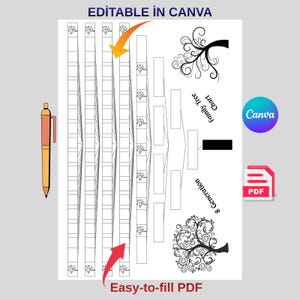 May include: A white family tree chart with space for 8 generations, featuring tree illustrations and the text "Editable in Canva" and "Easy-to-fill PDF". A pen is on the left. A Canva and PDF icon are on the right.