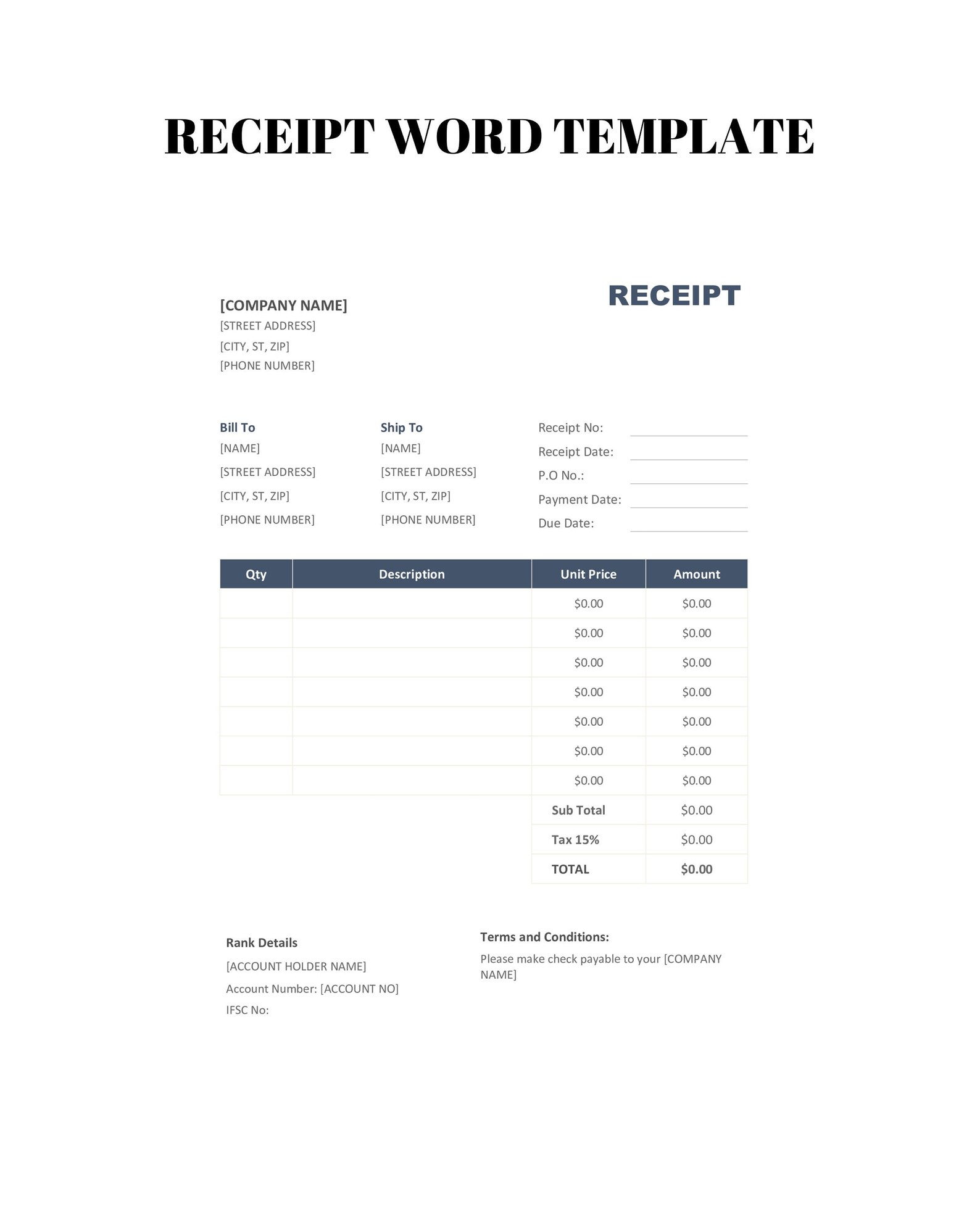 Printable Receipt Template Business Receipt Customer Etsy