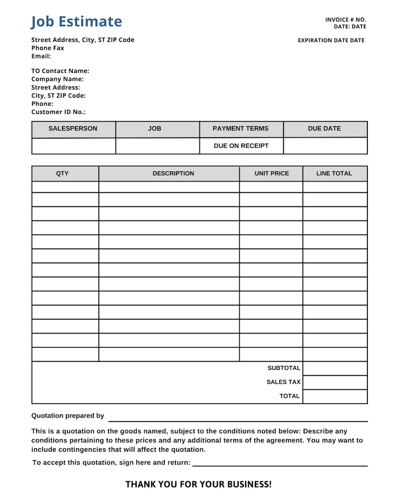 Editable Job Estimate Template: Printable Business Forms (digital ...