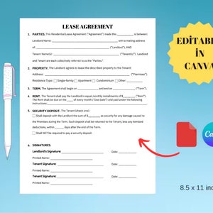 Editable One-Page Rental Agreement Template: Landlord Forms (Canva)