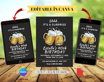 Beer Surprise Birthday Invitation: Editable Canva Template (Digital Download)