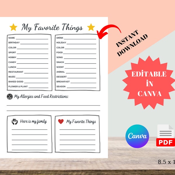 Printable Favorite Things Survey, Co-worker All About Me List Edit in Canva, Employee Favorites template