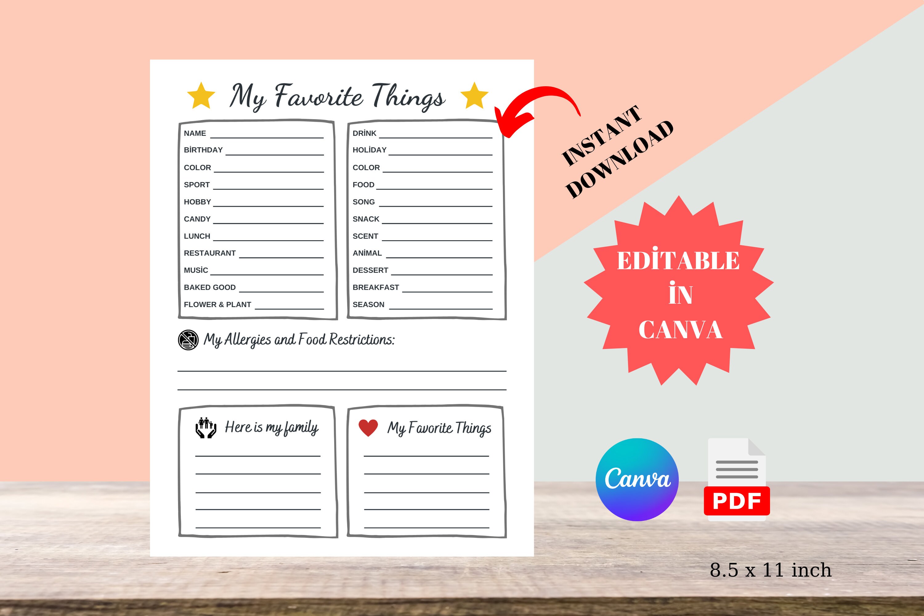 Printable Favorite Things Survey, Coworker All About Me List Edit in