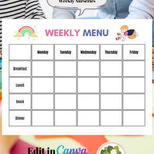 Editable Weekly Nursery Menu: Daycare Meal Planner (PDF)