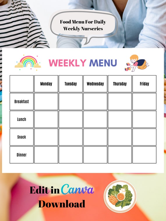 Daycare Weekly Nursery Menu Editable PDF for Preschool Etsy